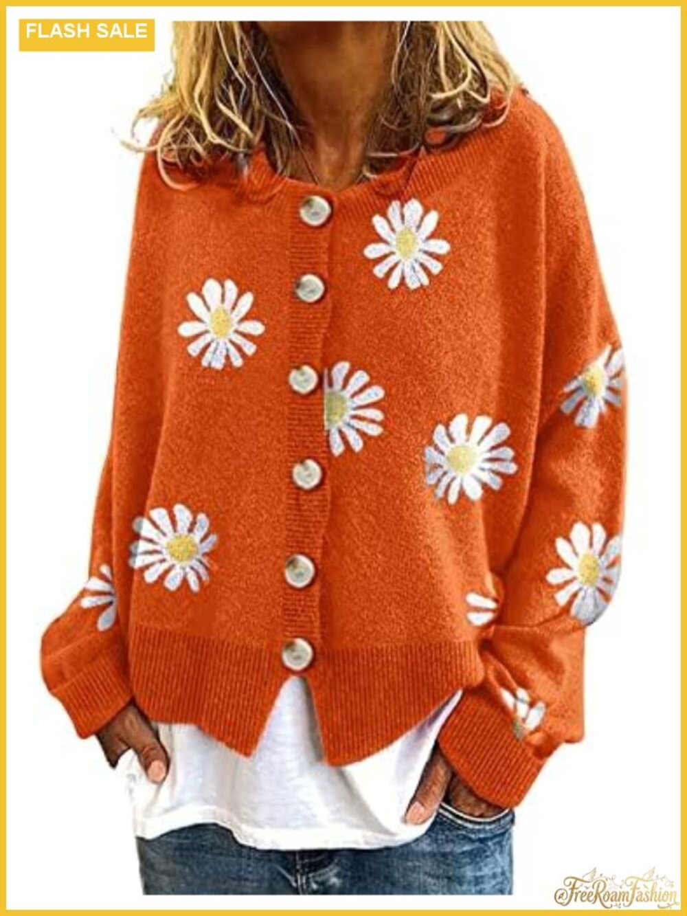 Women's Oversized Cropped Cardigan Sweater Floral Cable Knit Button Down Fall